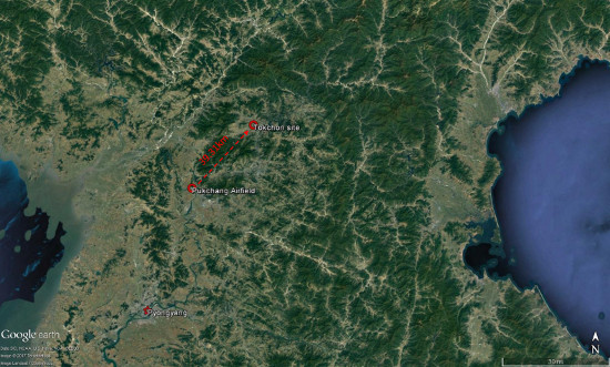 Distance from Pukchang Airfield to the impact point in Tokchon.jpg