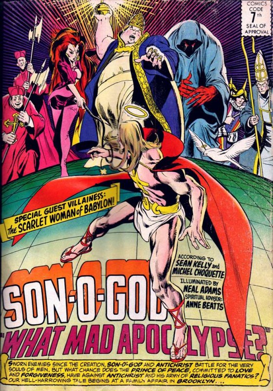 Splash page of Sean Kelly's &quot;Son-o-God&quot; comics, depicting Jesus as a superhero, published at The National Lampoon. (Art by Neal Adams)