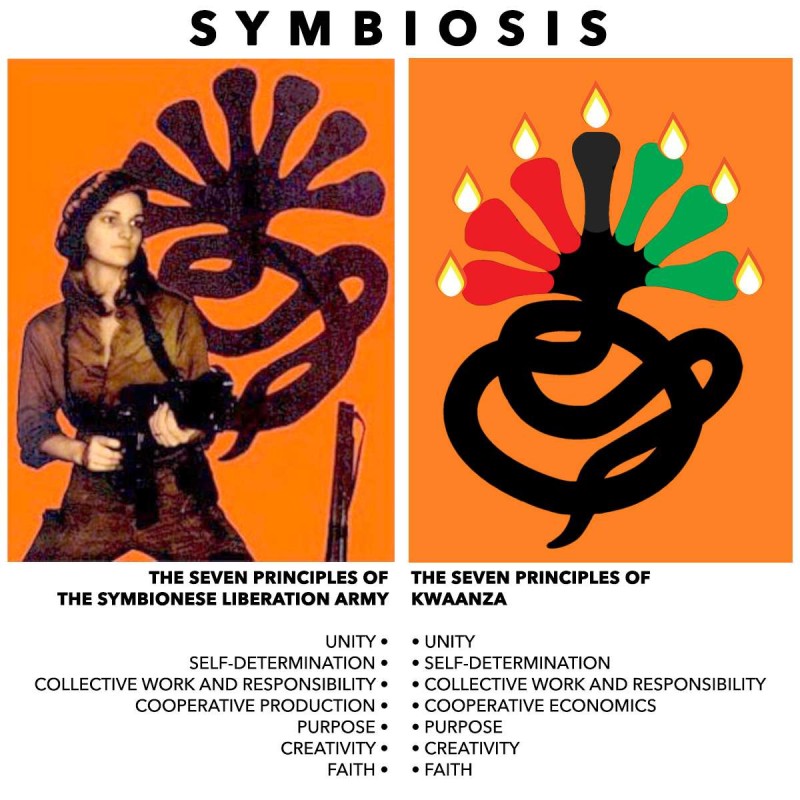 Patti (Tanya) Hearst stands before the seven-headed snake symbol of the Symbionese Liberation Army,