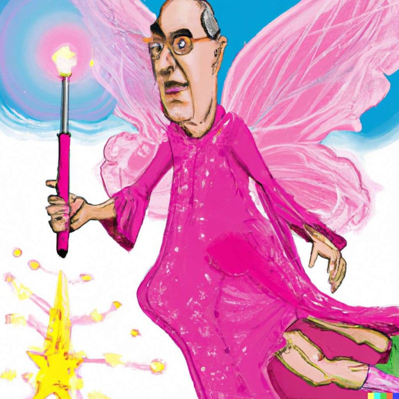 DALL·E 2023-02-25 17.38.59 - A realistic image, in color, face detail, of Saul Alinsky as a winged fairy in a pink negligee with a lightbulb tipped magic wand and flying horizonta.jpeg