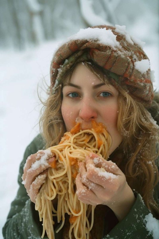 People eating spaghetti