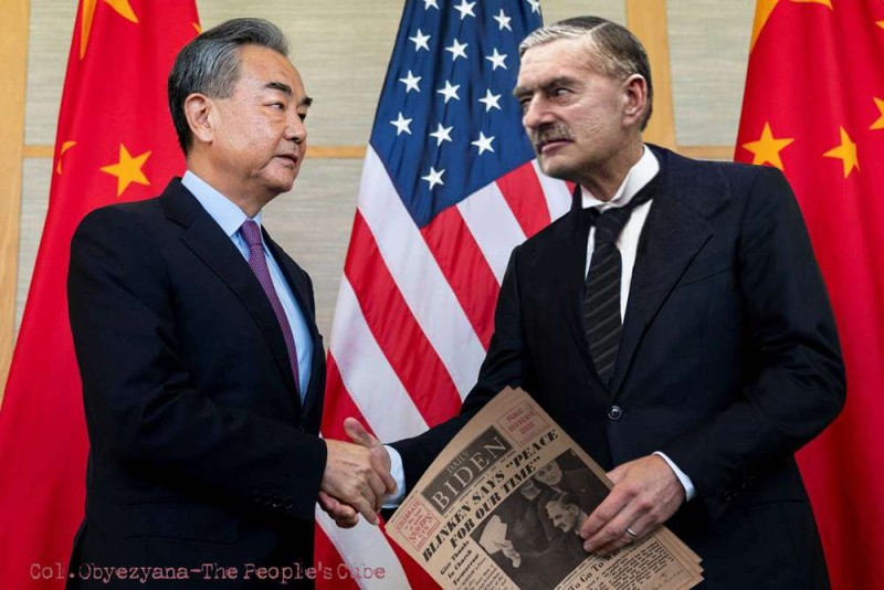 Neville Chamberlain in Beijing, glad handing former Foreign Minister Wang Yi.