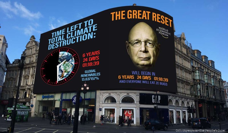 Klaus Schwab is watching you from a sign at Piccadilly Circus. (TPC photo)