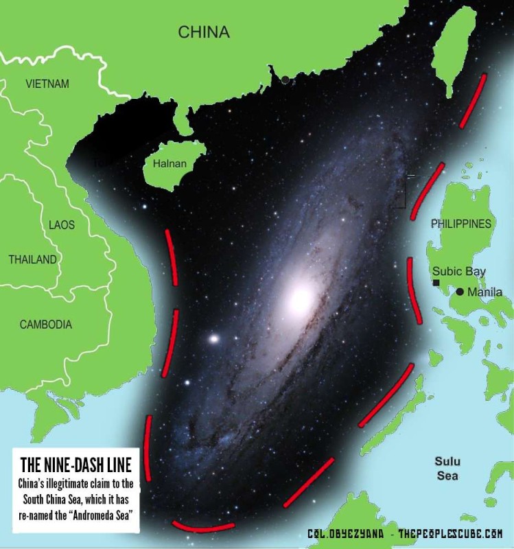 B. China has re-named the South China Sea as the &quot;Andromeda Sea&quot; and claimed that all the area within the 9-dash line is the historically indisputable territory of China and that everyone else should get out of the pool and fuck off somewhere else until all the oil, gas and fish are pumped out.