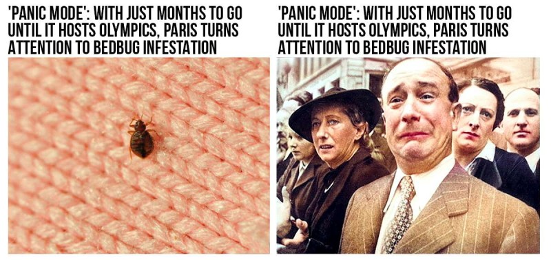 Stock photo (left) doesn't reflect Parisian panic, but photo on right sure does.