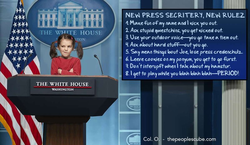 Press Secretary Imogene Kaboodle lays down the law at her first day on the job.