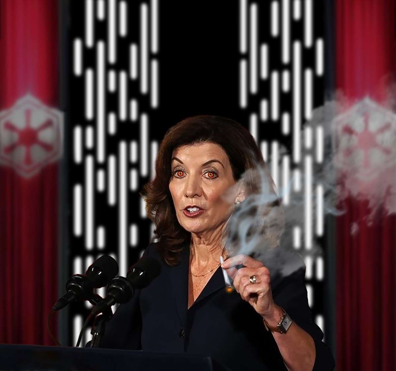 New York Empress Darth Hochul addresses the press from her office in the Debt Star. &quot;I got mine. America last.&quot;