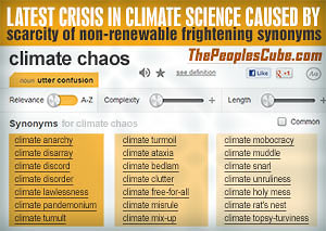 Climate science in chaos due to shortage of scary synonyms cartoon