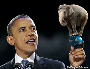 Obama holds Republican Elephant in hand funny cartoon