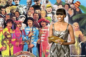 Michelle Obama at the Oscars with Sgt. Pepper's Band cartoon
