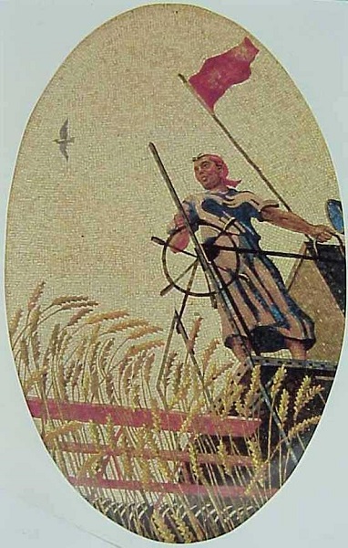 RUS.Moscow.subway.Deineka.Mayakovskaya.Ceiling Mosaic.Woman on Harvester.Kolchosnitsa.Traktoristin.1938.(600).jpg